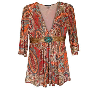 Boston Proper Orange Turquoise Paisley Top Beaded Rhinestone Bling Blouse S